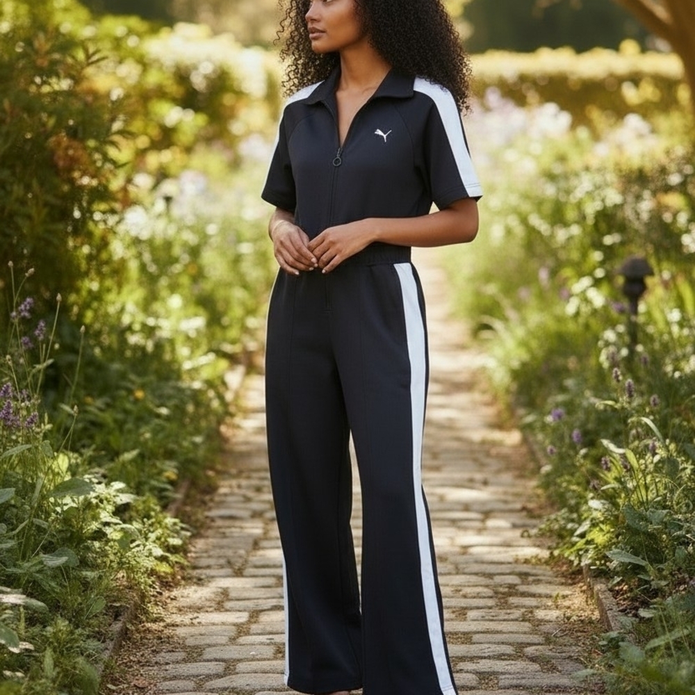 NWT Puma Black Jumpsuit with White Shoulder and Side Stripes